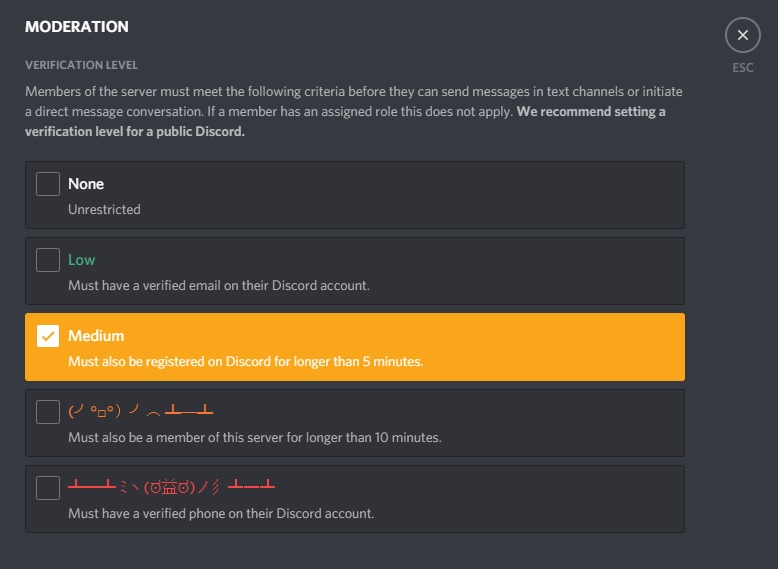 Discord Server Moderation Level