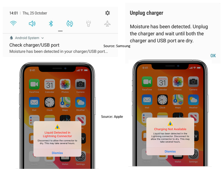 New generation Samsung and Apple phones have a moisture/liquid alert notification.