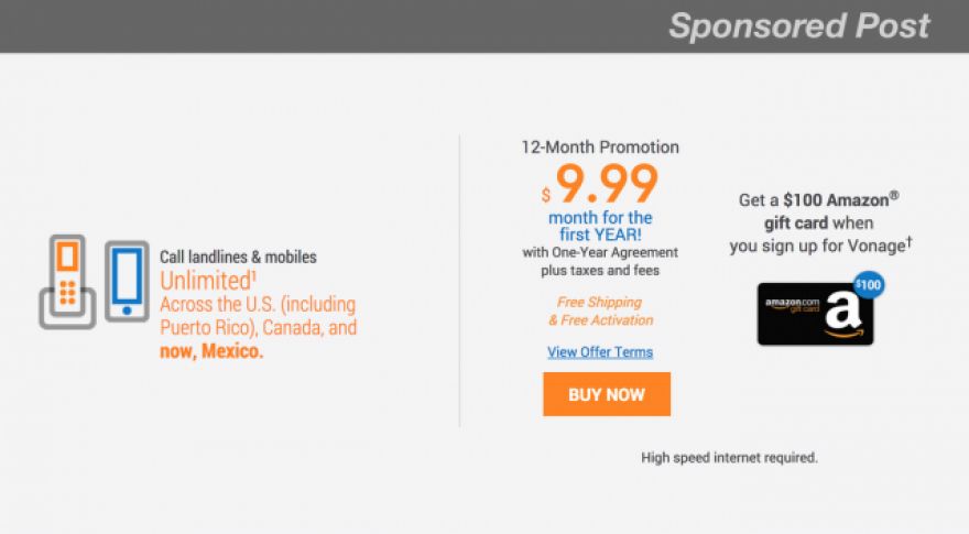 ET deals: Get Vonage VoIP service for $9.99 per month for a year with a $100 bonus Amazon gift card